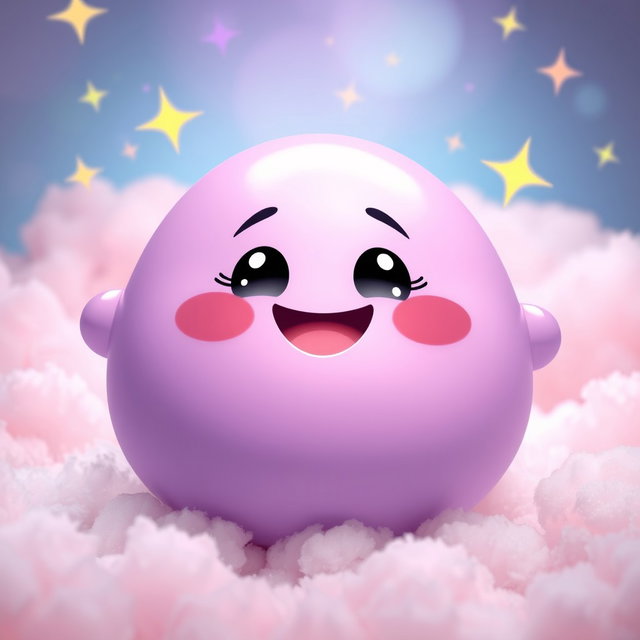 A cheerful anthropomorphic blob in a lovely pastel purple hue, characterized by a round, chubby shape and a shiny, smooth surface