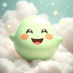 A cheerful anthropomorphic blob in a soft pastel green hue, characterized by a plump, round shape and a glossy surface that reflects light