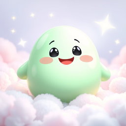A cheerful anthropomorphic blob in a soft pastel green hue, characterized by a plump, round shape and a glossy surface that reflects light