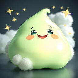 A cheerful anthropomorphic blob in a soft pastel green hue, characterized by a plump, round shape and a glossy surface that reflects light