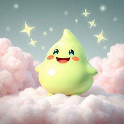 A cheerful anthropomorphic blob in a soft pastel green hue, characterized by a plump, round shape and a glossy surface that reflects light
