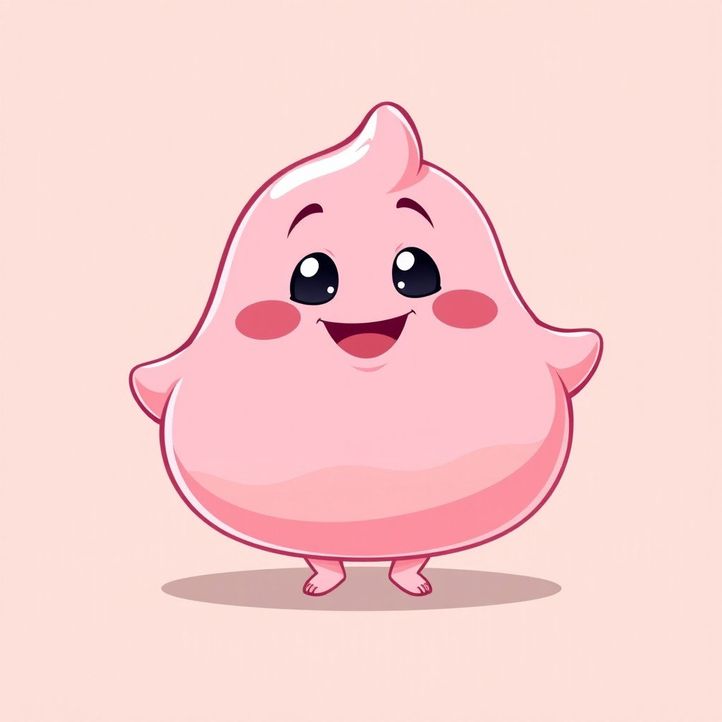 A pastel pink, fat blobby creature full of joy, showcasing a smooth, rounded body and an endearing, cheerful face