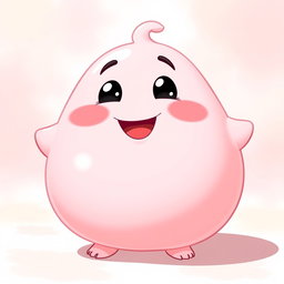 A pastel pink, fat blobby creature full of joy, showcasing a smooth, rounded body and an endearing, cheerful face