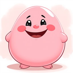 A pastel pink, fat blobby creature full of joy, showcasing a smooth, rounded body and an endearing, cheerful face