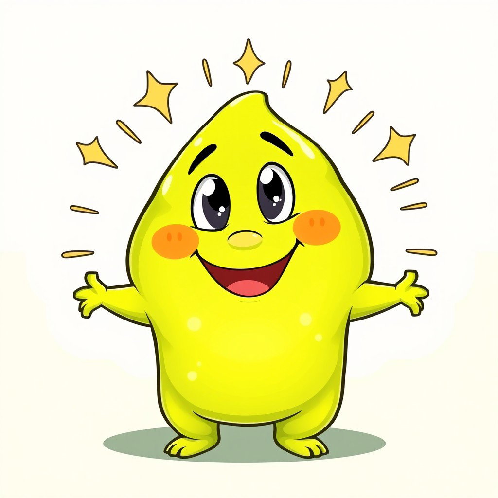 A lime green, fat blobby creature radiating happiness, characterized by its smooth, rounded body and an adorable, cheerful face