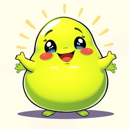 A lime green, fat blobby creature radiating happiness, characterized by its smooth, rounded body and an adorable, cheerful face