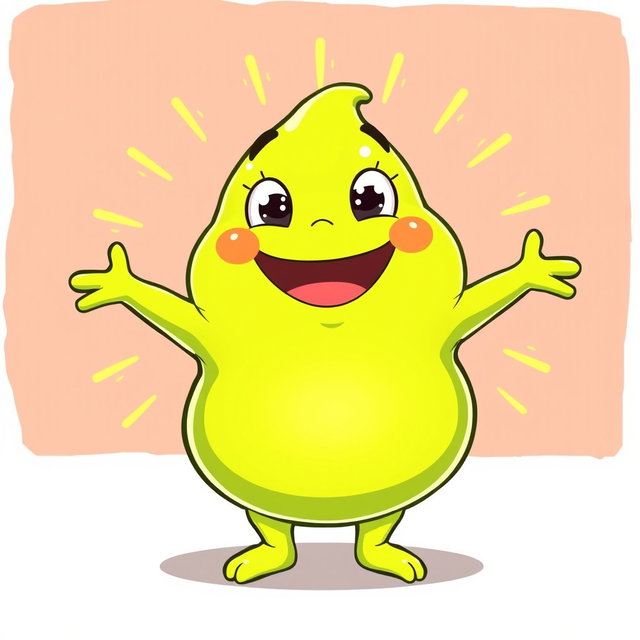 A lime green, fat blobby creature radiating happiness, characterized by its smooth, rounded body and an adorable, cheerful face