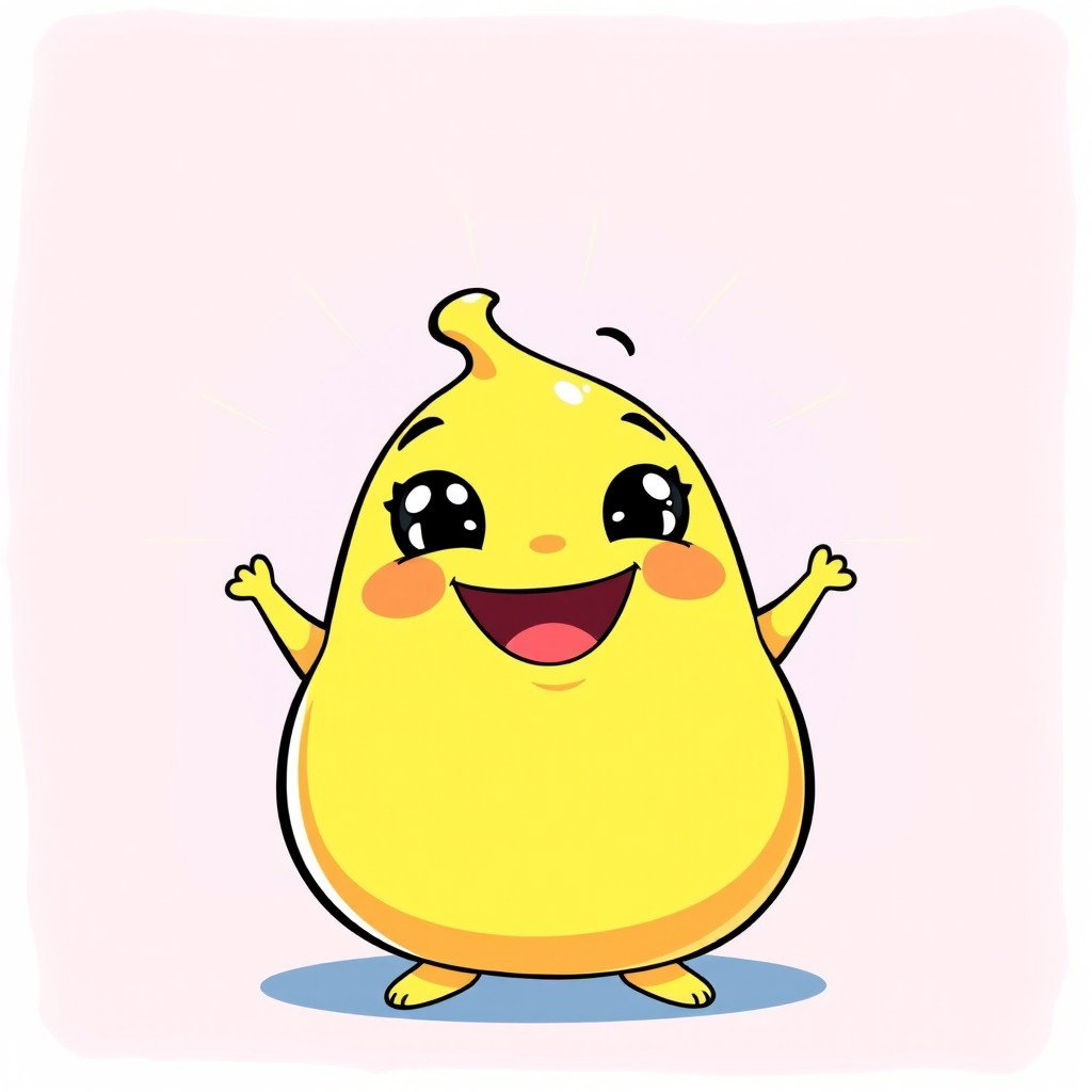 A pastel yellow, fat blobby creature radiating happiness, featuring a smooth, rounded body and an adorable, cheerful face