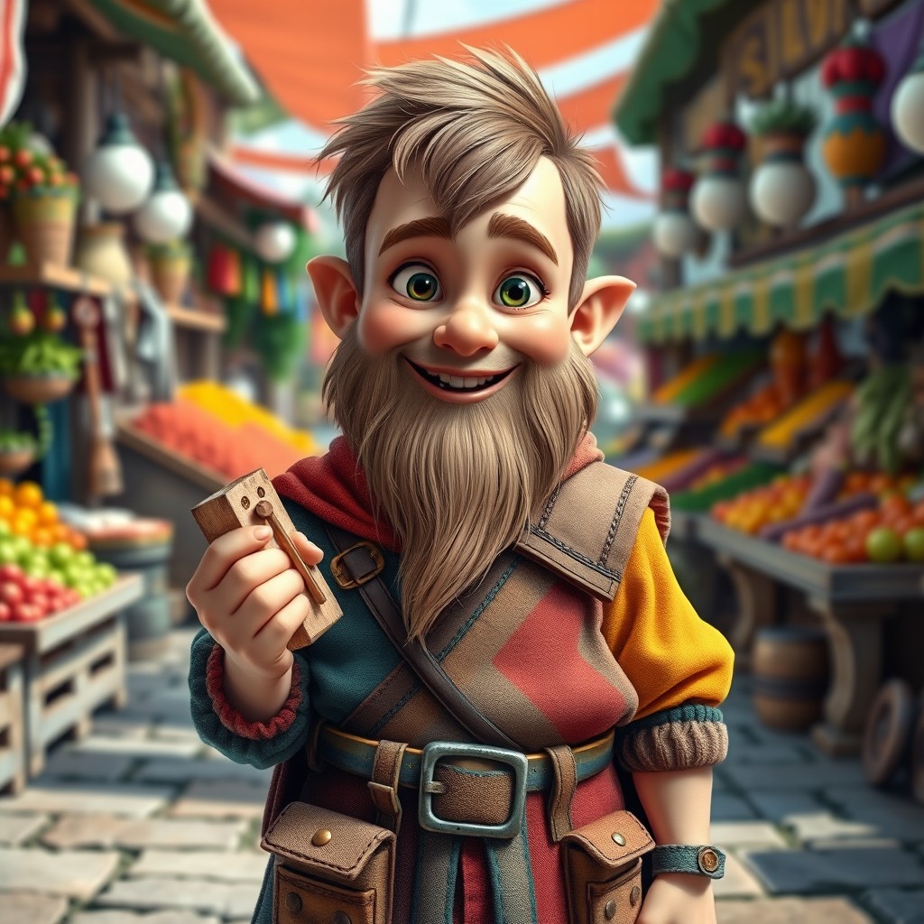A young dwarf with a cheerful expression, wearing a colorful tunic and a sturdy belt with various tools and pouches hanging from it