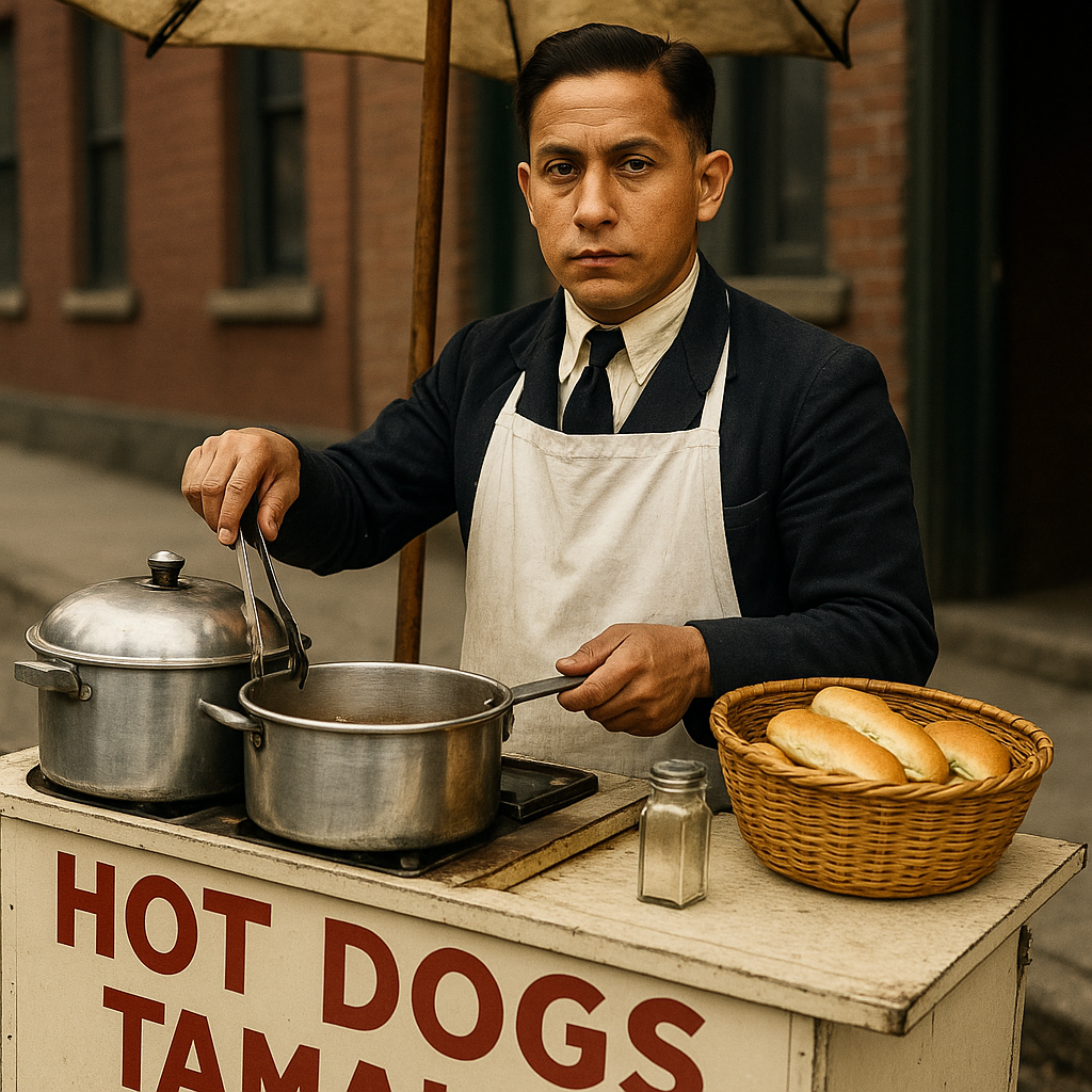 Show this man working a food cart