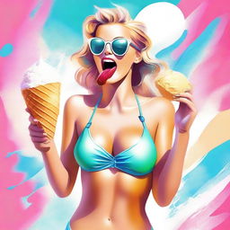 A digital art piece of high quality showcases a gorgeous woman in a bikini, playfully sticking out her tongue with a dollop of creamy white ice cream on it