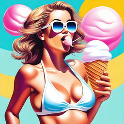 A digital art piece of high quality showcases a gorgeous woman in a bikini, playfully sticking out her tongue with a dollop of creamy white ice cream on it