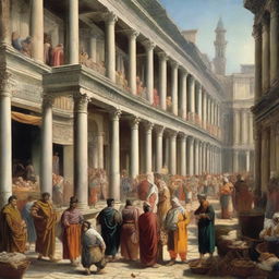 A bustling scene from 200 AD, people clad in clothing characteristic of that era going about their daily tasks. Marketplace scenes, architectural structures, and everyday life activities painted vividly in the image.