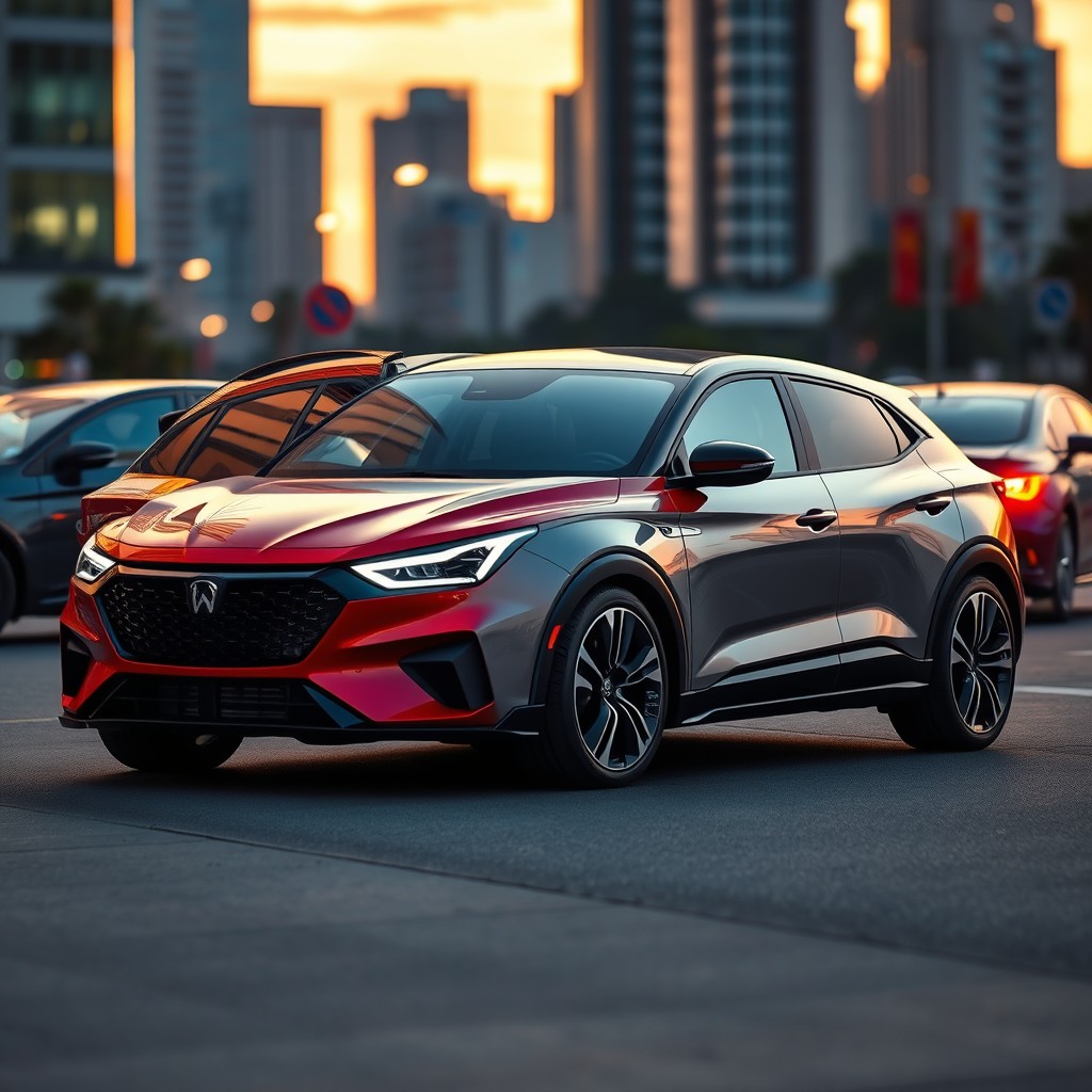 A sleek and stylish semi-sport variant of a Calya, featuring a modern design with enhanced aerodynamics, sporty lines, and a vibrant color scheme