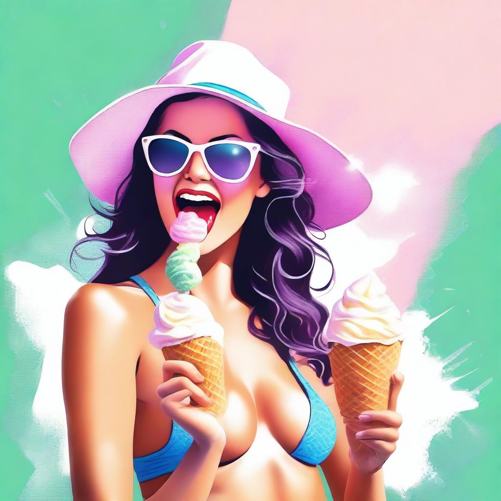 A digital art piece of high quality showcases a gorgeous woman in a bikini, playfully sticking out her tongue with a dollop of creamy white ice cream on it