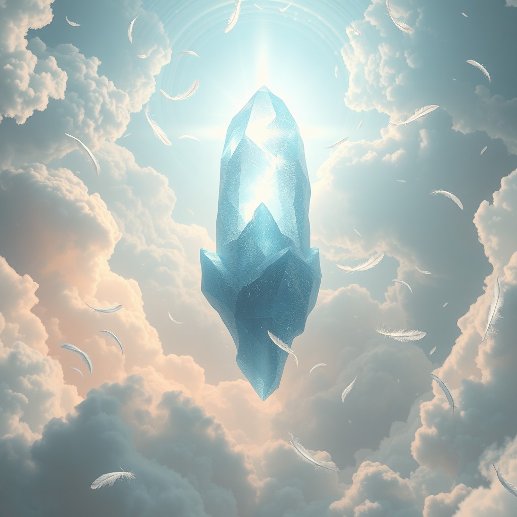 A massive levitating crystal radiating soft silver-blue light, suspended among swirling clouds, surrounded by floating feathers and beams of celestial light