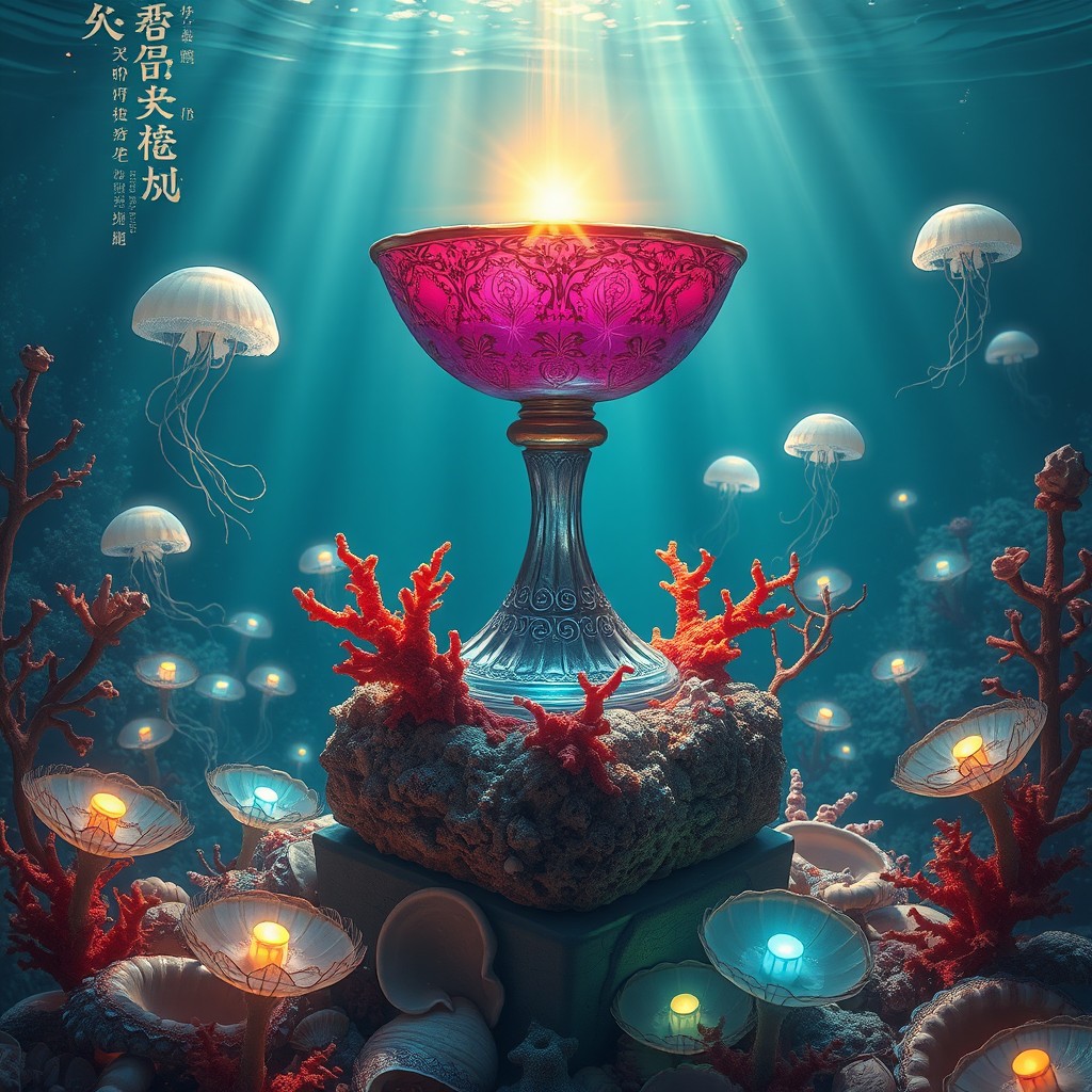 A sacred glowing chalice made of crystal and coral, delicately resting on an altar constructed of colorful seashells at the bottom of the ocean