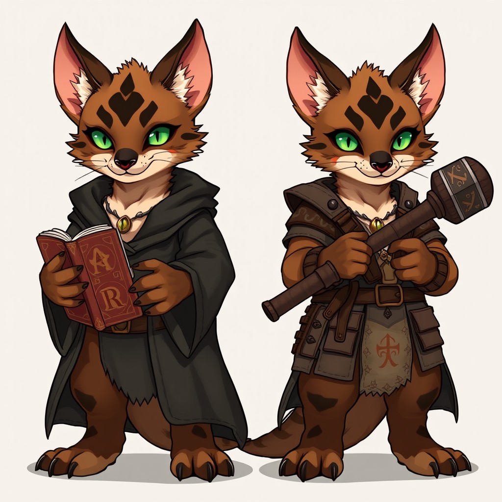 Two male Harengon twins standing side by side, both with identical short fur in a brown-and-black colorpoint pattern (dark ears, muzzle, hands, and feet; lighter brown body) and bright green eyes