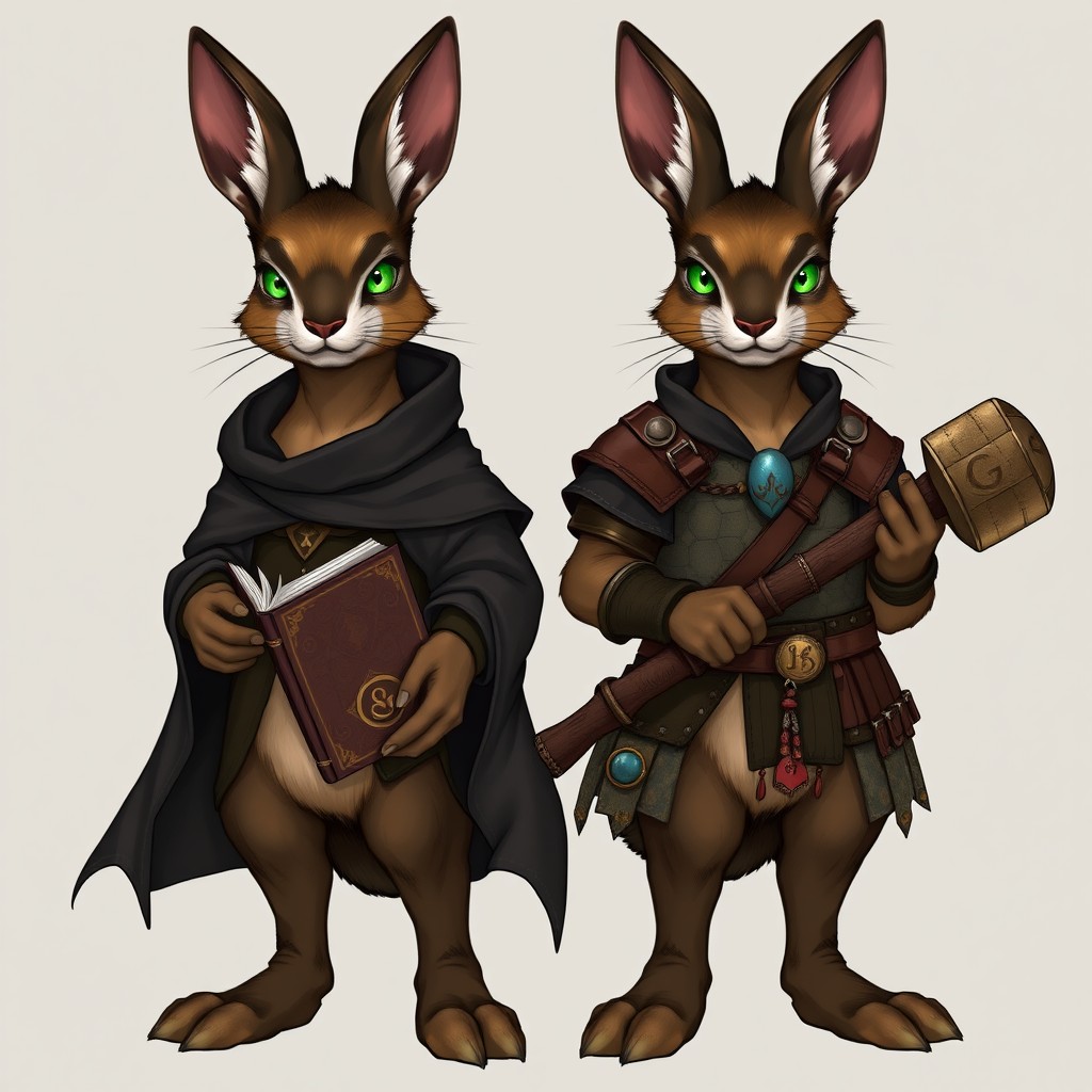 Two male rabbitfolk adult twins standing side by side, both with identical short fur in a brown-and-black colorpoint pattern (dark ears, muzzle, hands, and feet; lighter brown body) and bright green eyes