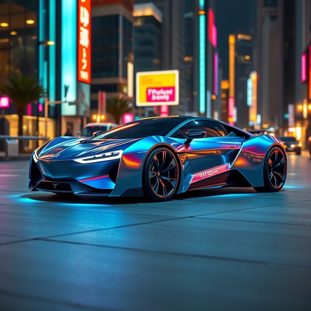 A futuristic sports car that has never been seen before, featuring sleek aerodynamic lines, a vibrant metallic blue and silver color scheme, and advanced technology like holographic displays and LED lights