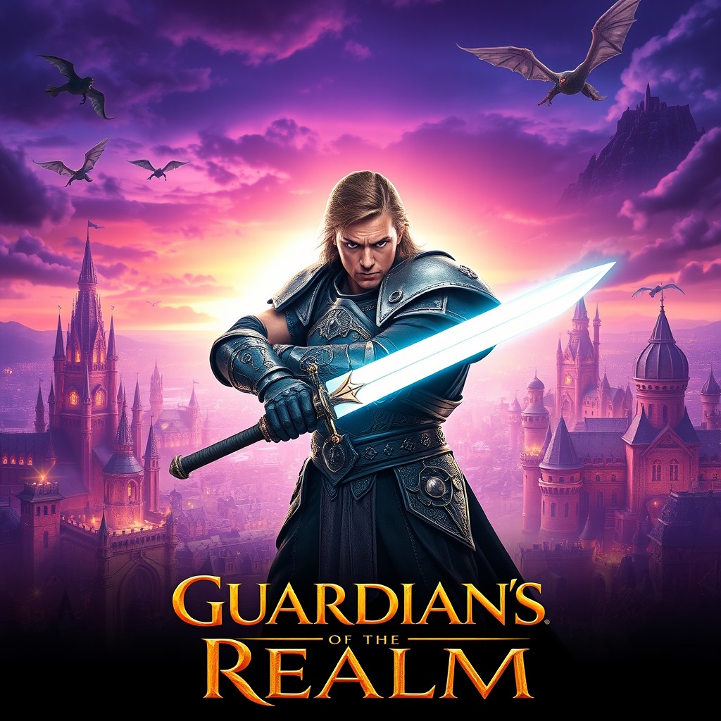 A cinematic movie poster featuring a dramatic and vibrant scene set in a sprawling fantasy cityscape at twilight