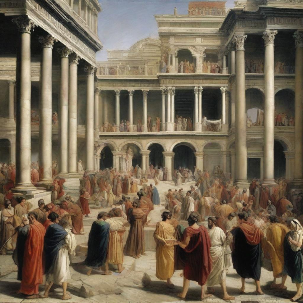 A bustling scene from 200 AD, people clad in clothing characteristic of that era going about their daily tasks. Marketplace scenes, architectural structures, and everyday life activities painted vividly in the image.