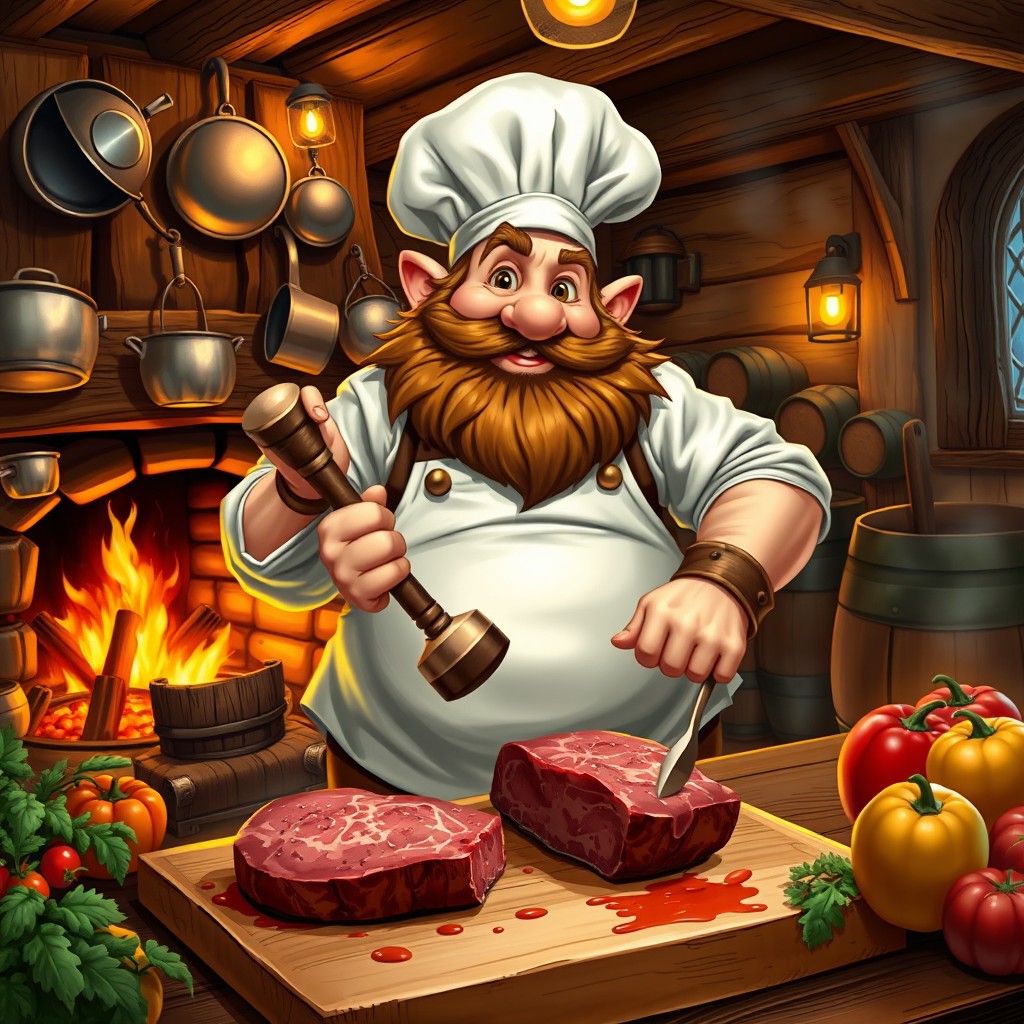 A cheerful fat dwarf chef in a rustic tavern kitchen, vibrant with the warmth of a roaring fireplace
