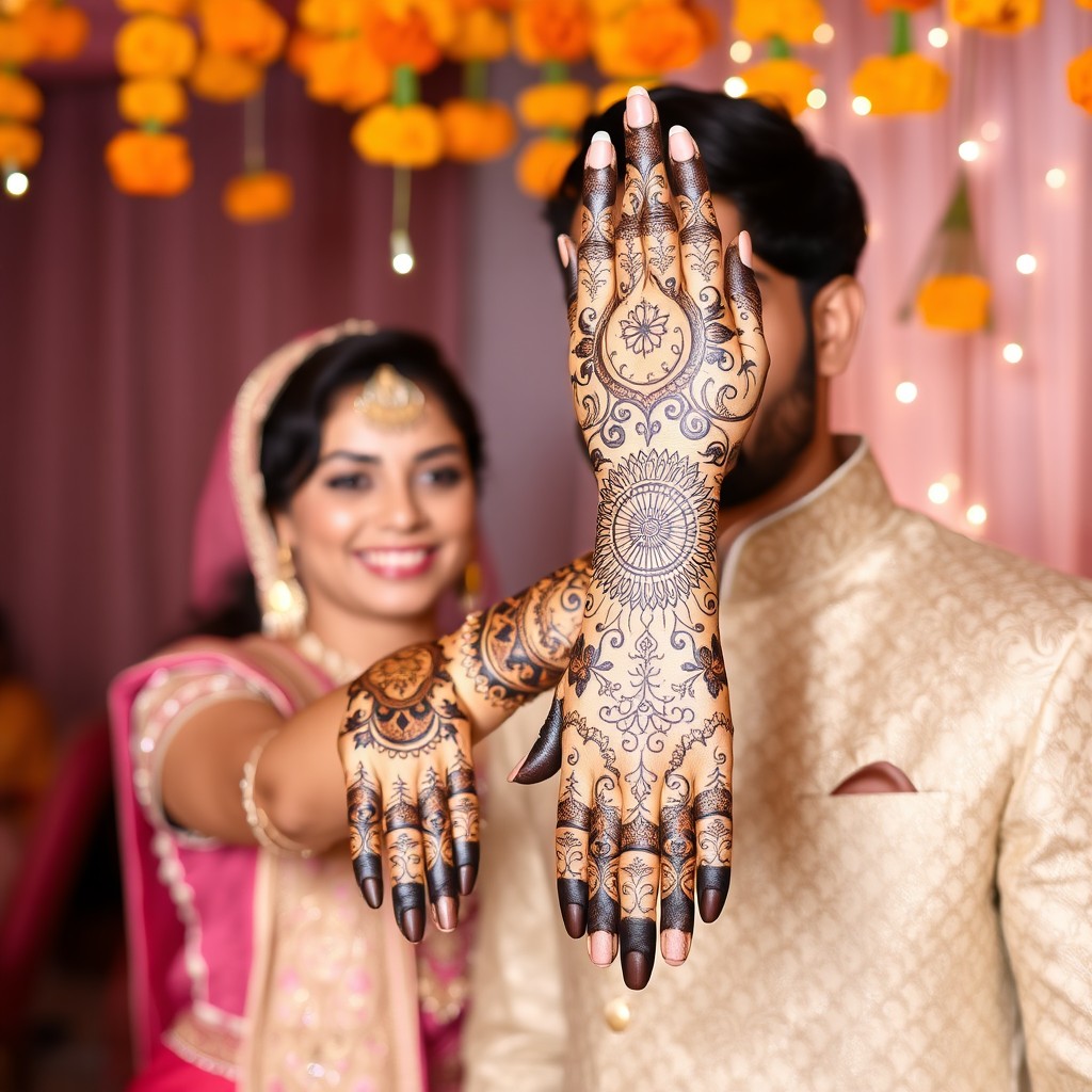 A beautifully intricate mehendi design applied on the hands of a bride, showcasing a variety of traditional patterns including paisleys, floral motifs, and mandalas