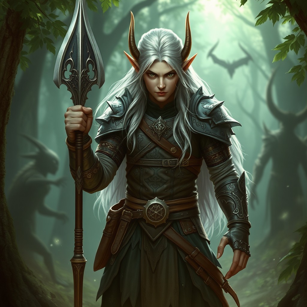 A powerful and majestic elf blood hunter, standing poised with an intricate weapon in hand