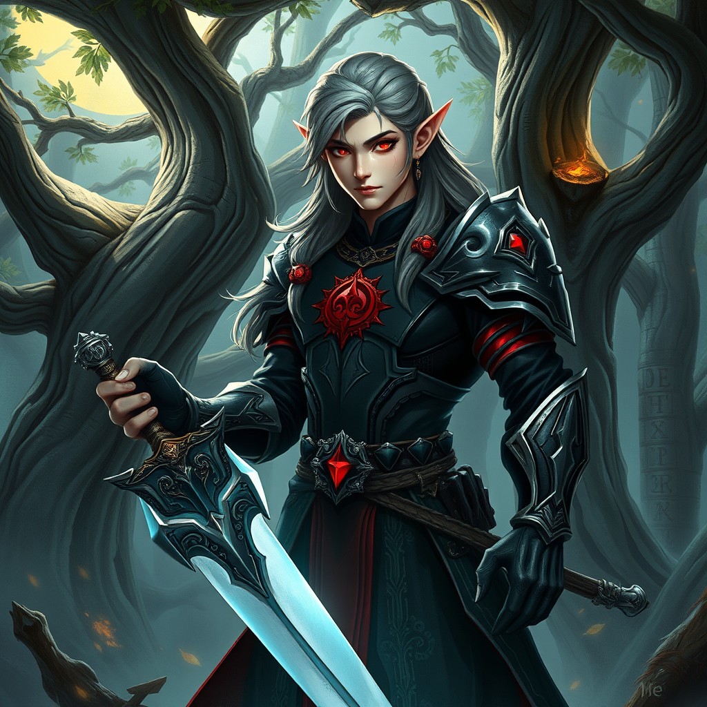 A male elf Blood Hunter in an intricate and detailed fantasy environment