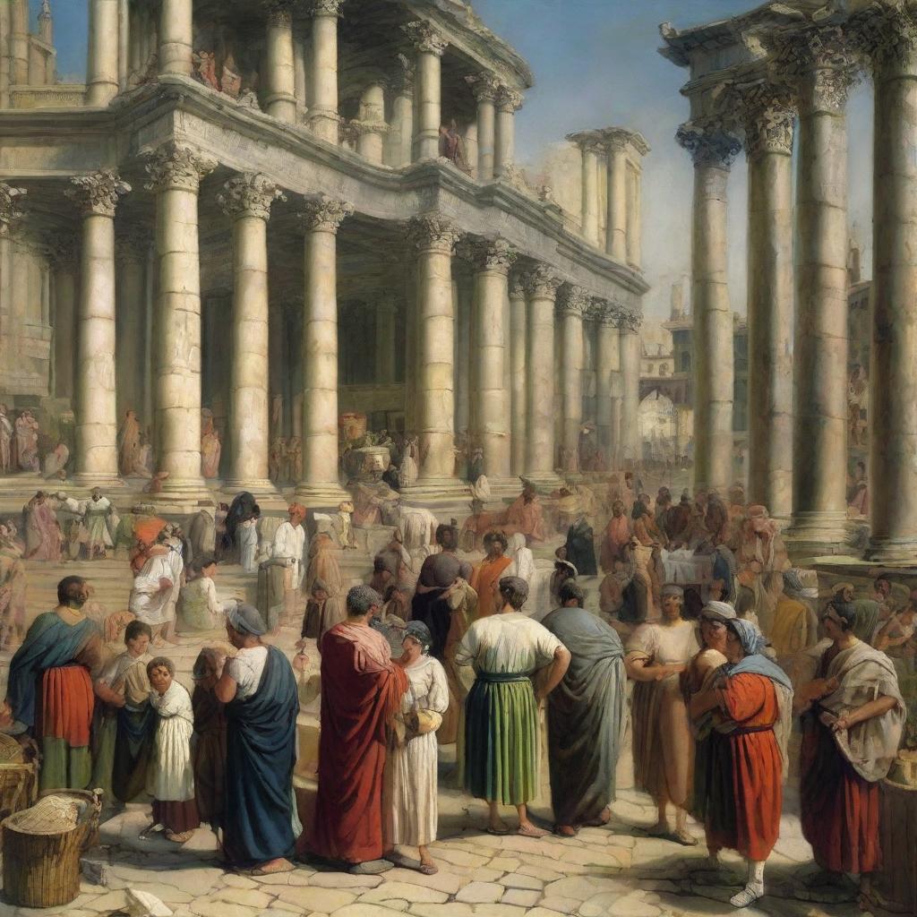 A bustling scene from 200 AD, people clad in clothing characteristic of that era going about their daily tasks. Marketplace scenes, architectural structures, and everyday life activities painted vividly in the image.