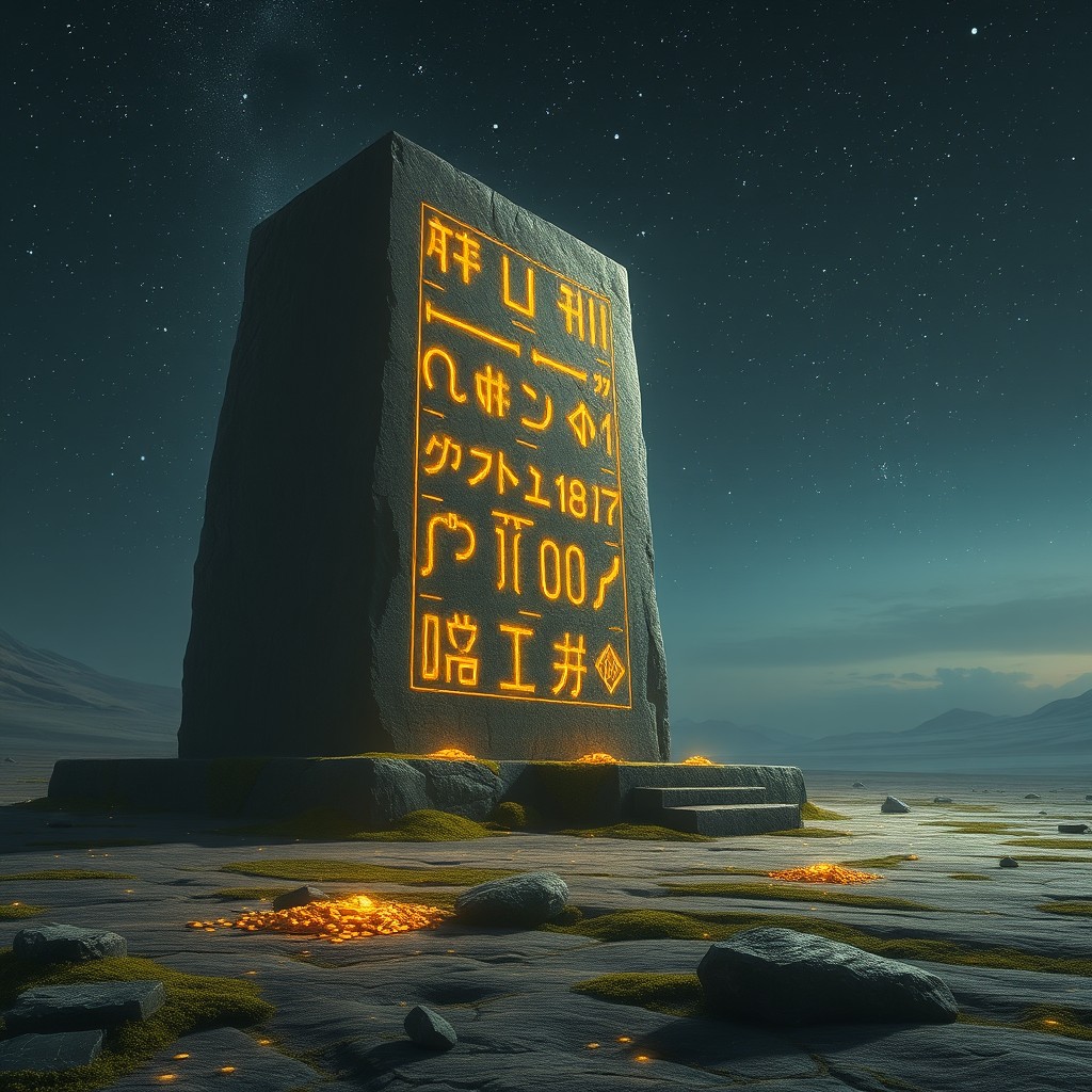 A colossal ancient stone monument engraved with glowing golden runes, standing alone on a vast open plateau under a dramatic starry night sky