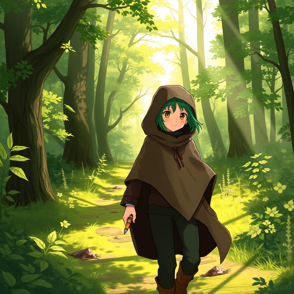 A young man with brown hair and green eyes walking through a lush forest, peacefully holding a pen in his hand