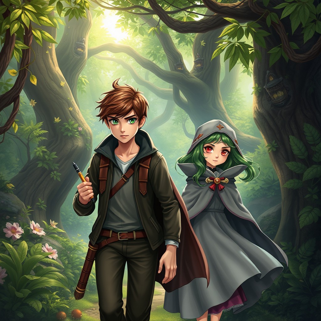 A captivating digital book cover featuring a young man with brown hair and green eyes walking through a lush, enchanted forest, holding a pen in his hand