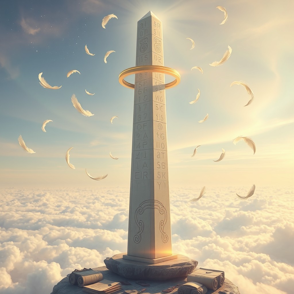 A towering floating obelisk made of polished white stone and crystal, intricately carved with ancient glowing glyphs that spiral upward in a windswept pattern