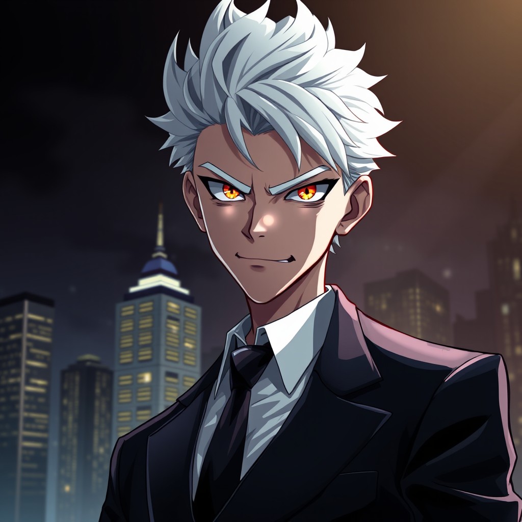 An evil young anime man wearing a sharp business suit, characterized by his striking short white hair and piercing golden eyes