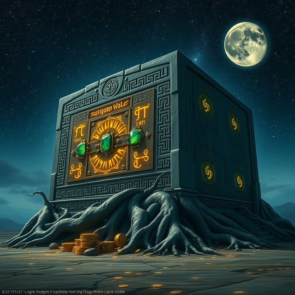 A colossal ancient stone monument shaped like a guardian vault, featuring intricate engravings of glowing golden runes that symbolize prosperity and stability