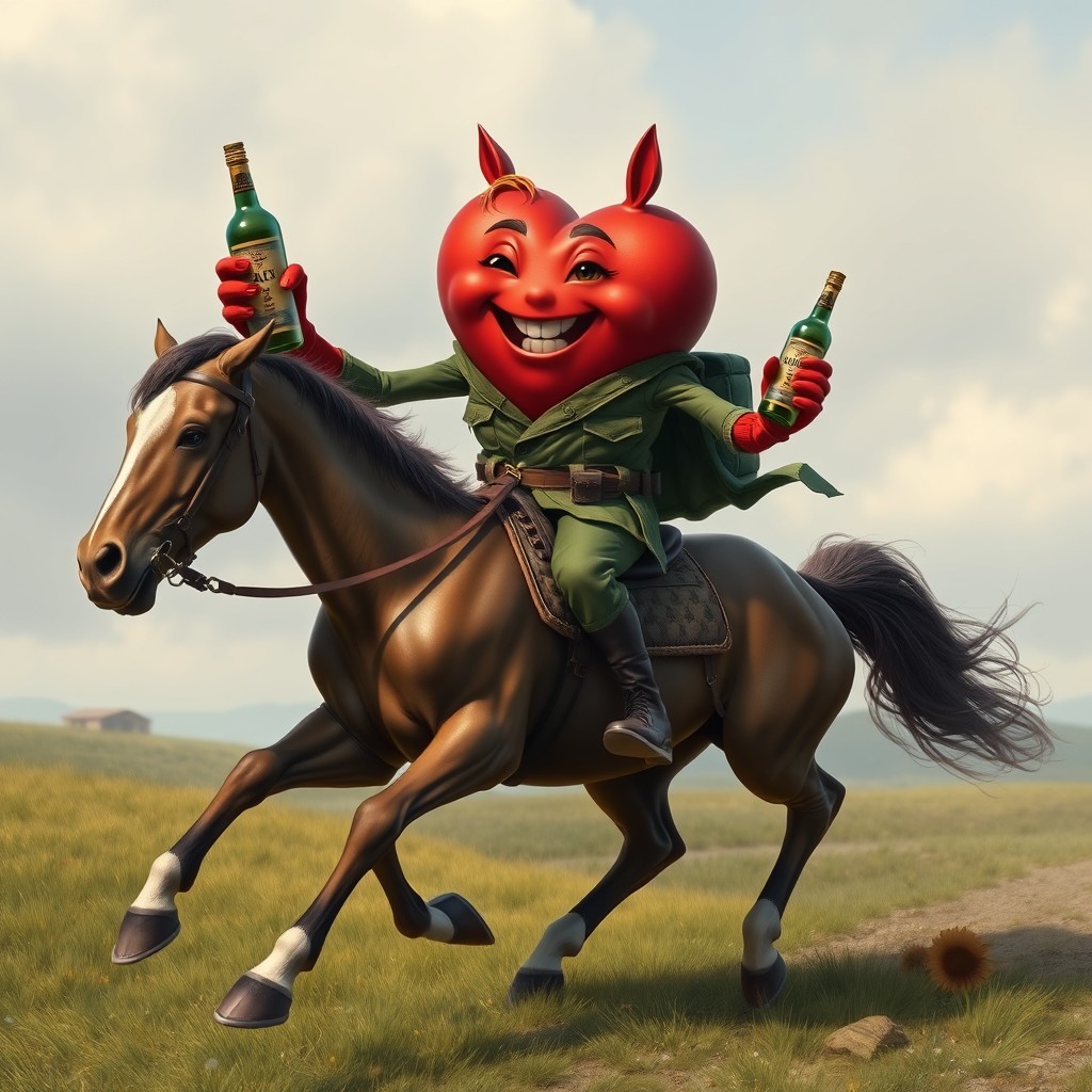 A realistic depiction of a heart-shaped character, dressed in army clothes, riding a horse confidently