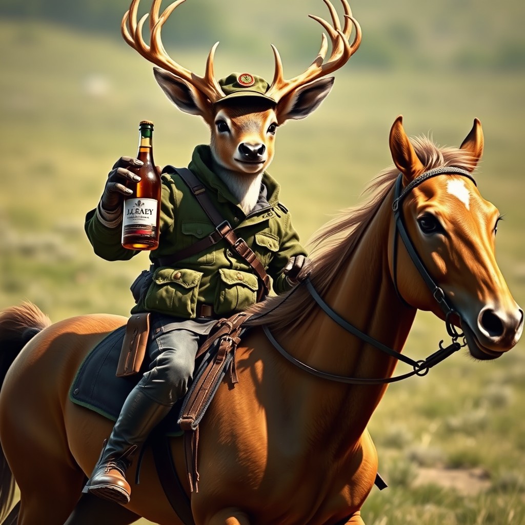 A realistic depiction of a deer character dressed in army clothes, riding a horse with confidence