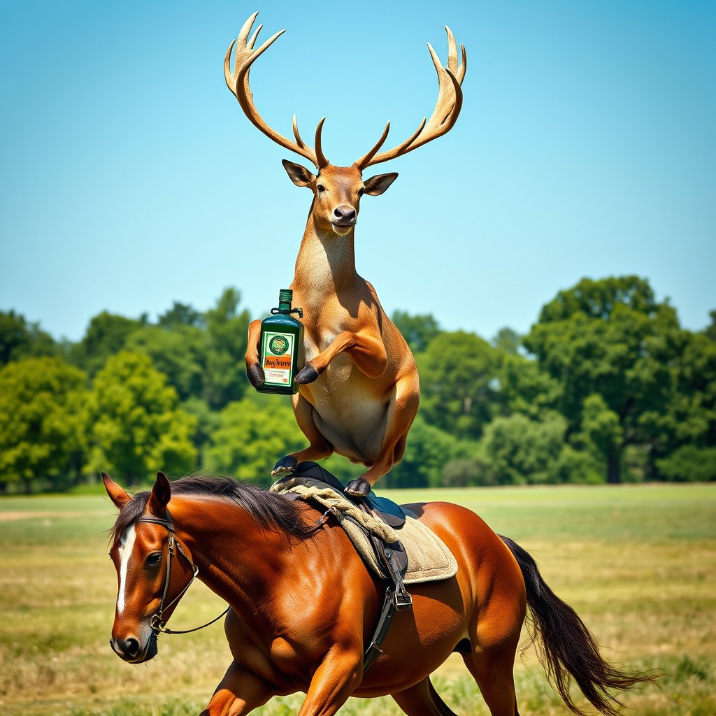 A highly realistic scene featuring a majestic deer standing upright on a horse, holding a bottle of Jägermeister in its front hooves