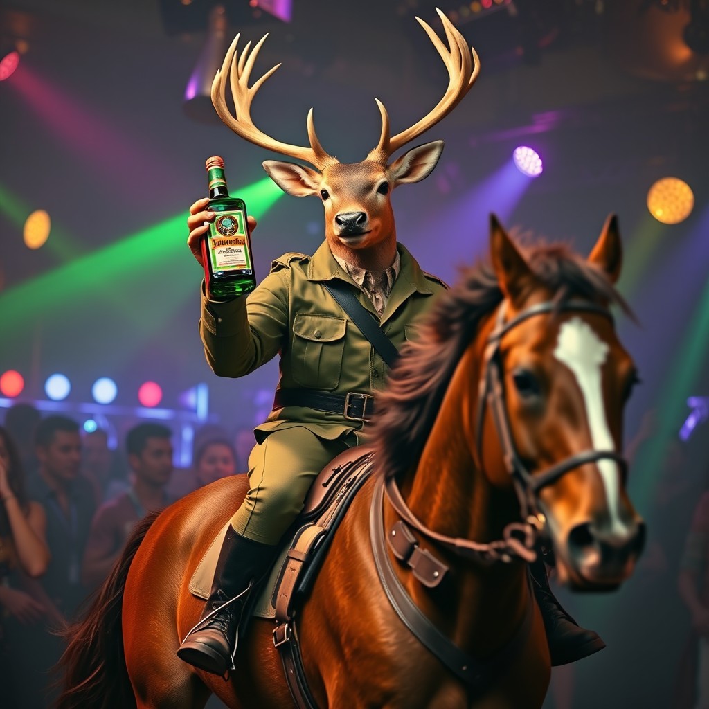 A realistic deer wearing stylish army clothes, confidently holding a bottle of Jägermeister in one hoof while riding a majestic horse