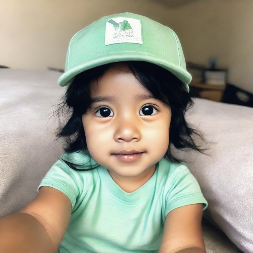 A grainy, phone-quality selfie of a charming toddler girl with radiant black hair and olive skin, wearing a cap styled neatly on her head and a fresh mint-colored t-shirt.