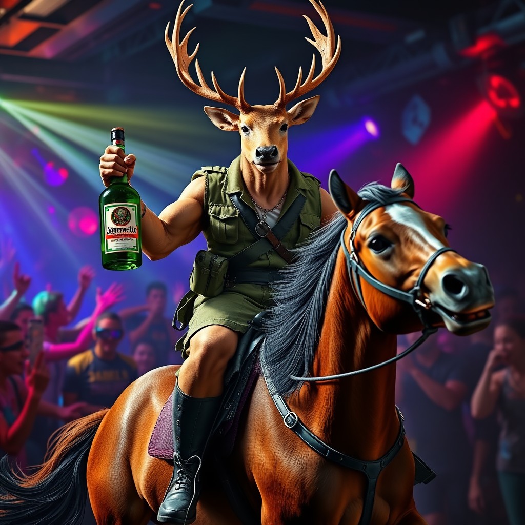 A realistic muscular deer, showcasing impressive muscles and dressed in stylish army clothes, confidently holding a bottle of Jägermeister in one hoof while riding a powerful horse