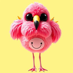 A large, whimsical creature resembling a flamingo but without a beak, entirely covered in vibrant pink feathers