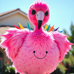 A large, whimsical creature resembling a flamingo but without a beak, entirely covered in vibrant pink feathers