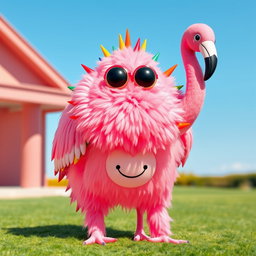 A large, whimsical creature resembling a flamingo but without a beak, entirely covered in vibrant pink feathers