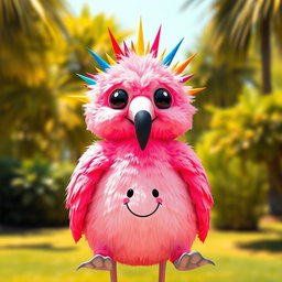 A large, whimsical creature resembling a flamingo but without a beak, entirely covered in vibrant pink feathers