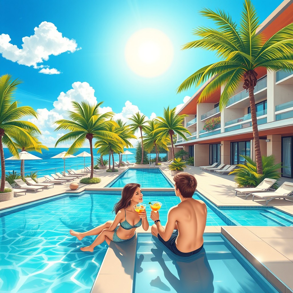 A detailed and vibrant illustration of a luxurious resort with an ocean view, featuring a tropical pool surrounded by lush palm trees and comfortable lounge chairs, the sky is a bright blue with a few fluffy clouds, and the sun is shining