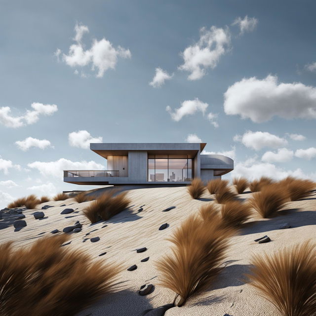 The image is a high-quality digital render of a modest architectural home on a hill covered with dry flax, inspired by the Liyuan Library in Japan