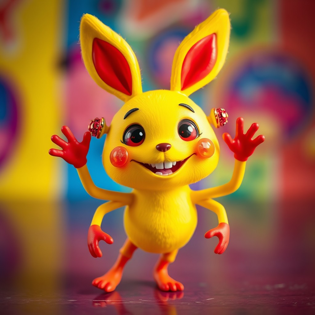 A whimsical creature with a bright yellow body that has no legs, instead using its yellow arms to move around